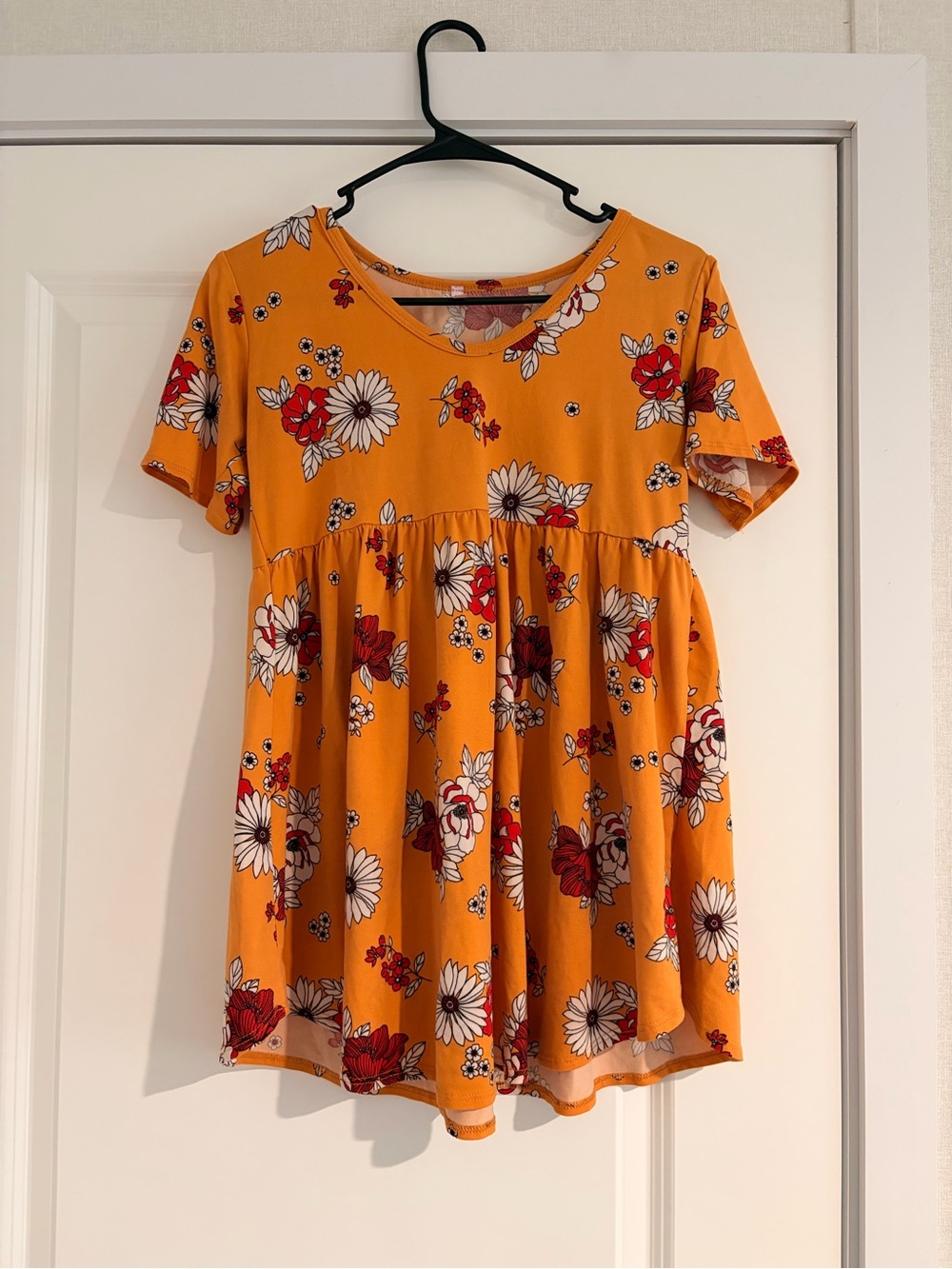 Floral Babydoll Tunic Top - Mustard with Red & White Flowers